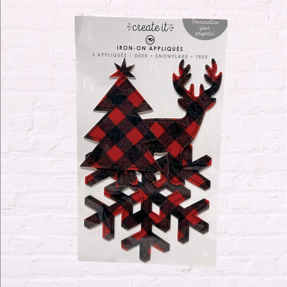 Iron-on appliqués red plaid deer snowflake tree holiday